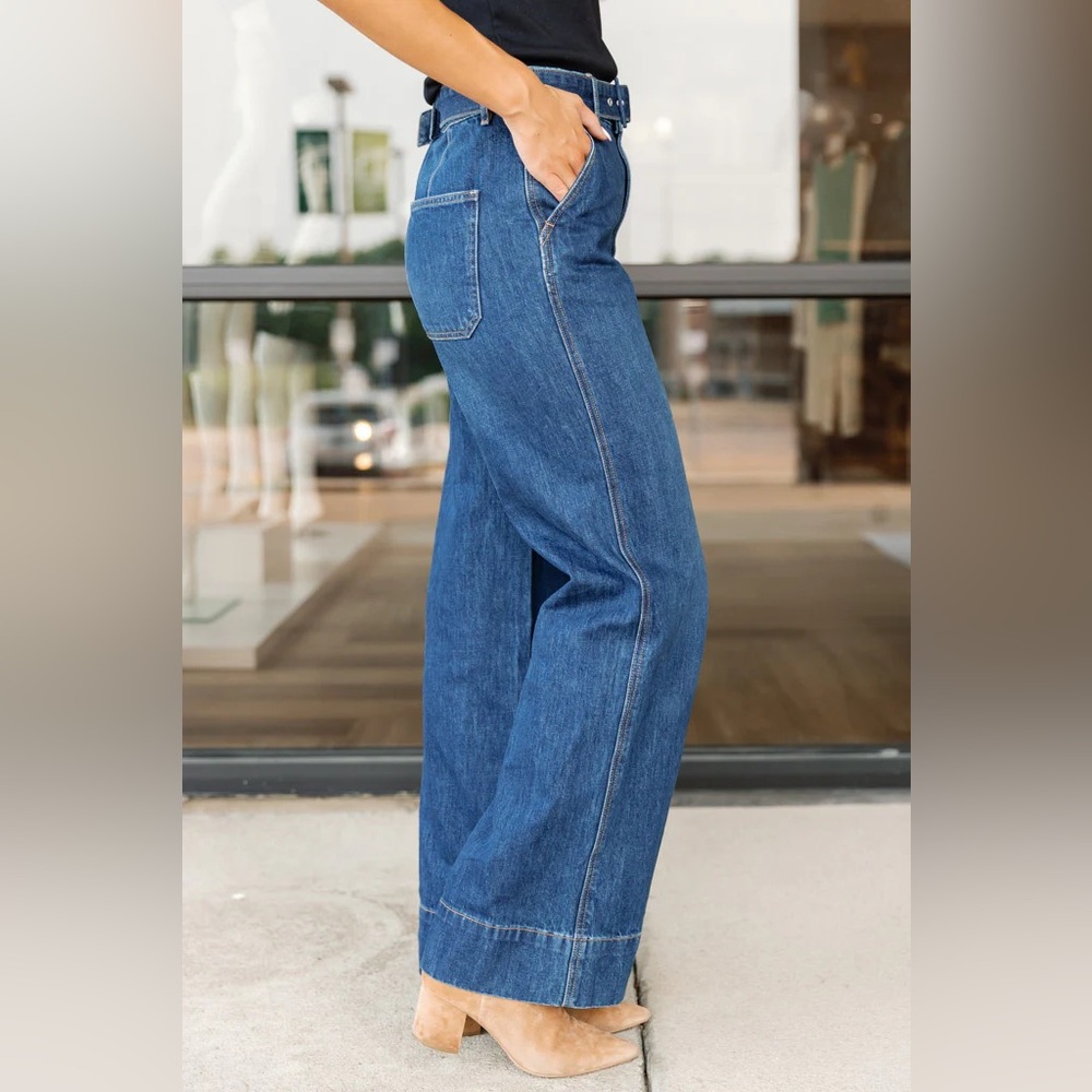 Veronica Beard Taylor Wide Leg High Rise Dark Denim Belted Long Trouser Jeans 27 - Picture 8 of 11
